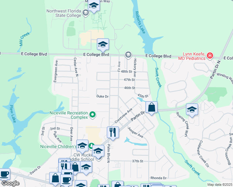 map of restaurants, bars, coffee shops, grocery stores, and more near 401 Hickory Avenue in Niceville