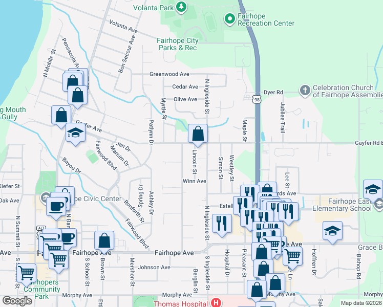 map of restaurants, bars, coffee shops, grocery stores, and more near 316 Lincoln Street in Fairhope