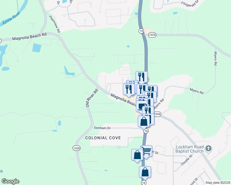 map of restaurants, bars, coffee shops, grocery stores, and more near 7651 Magnolia Beach Road in Denham Springs
