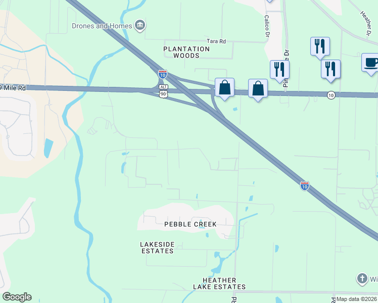 map of restaurants, bars, coffee shops, grocery stores, and more near 8917 Klondike Road in Pensacola