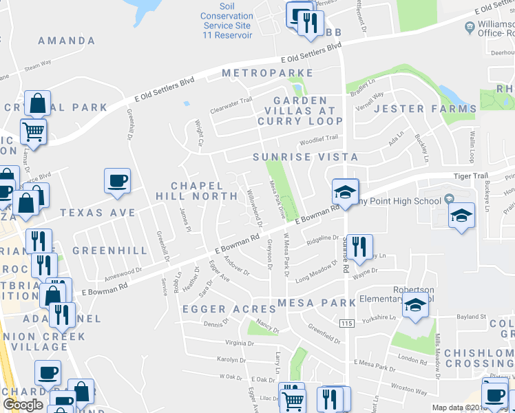 map of restaurants, bars, coffee shops, grocery stores, and more near 3 Willowbend Drive in Round Rock