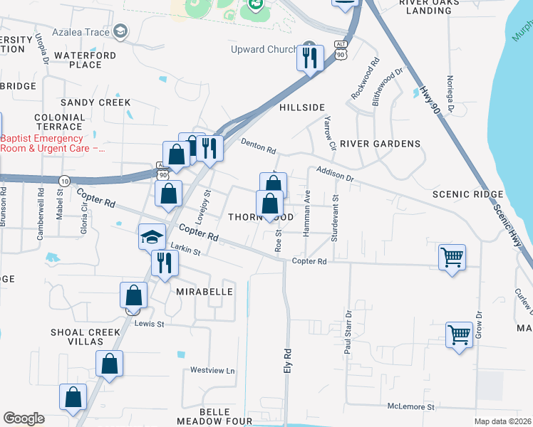 map of restaurants, bars, coffee shops, grocery stores, and more near 9201 Roe Street in Pensacola