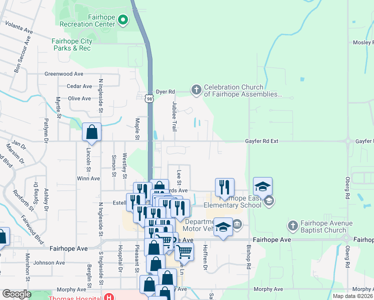 map of restaurants, bars, coffee shops, grocery stores, and more near 8132 Gayfer Road Extension in Fairhope