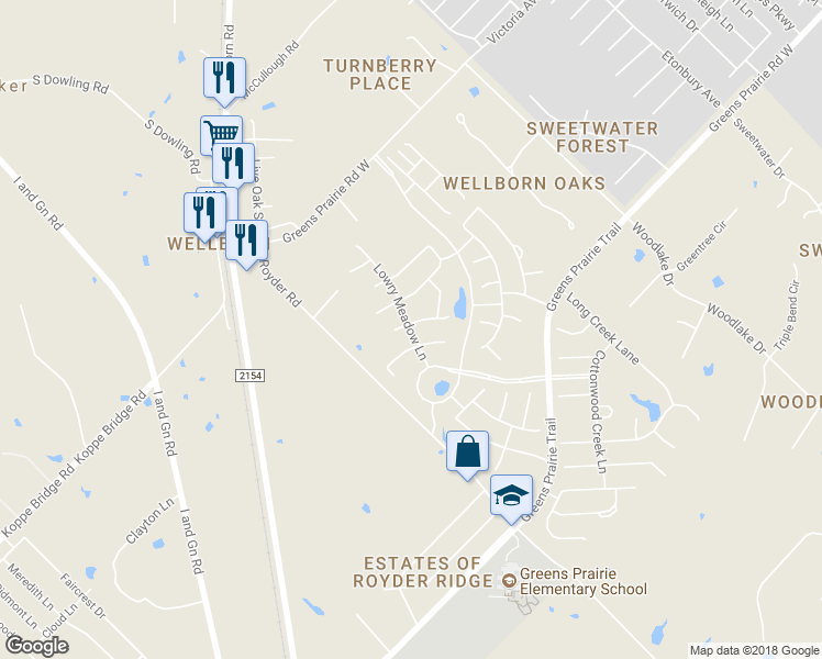 map of restaurants, bars, coffee shops, grocery stores, and more near Lowery Meadow Lane in College Station