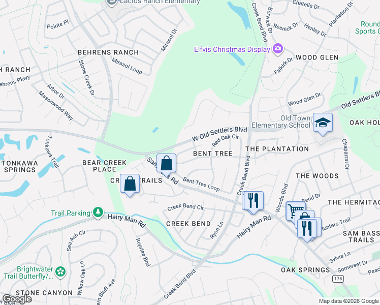 map of restaurants, bars, coffee shops, grocery stores, and more near 3067 Bent Tree Loop in Round Rock