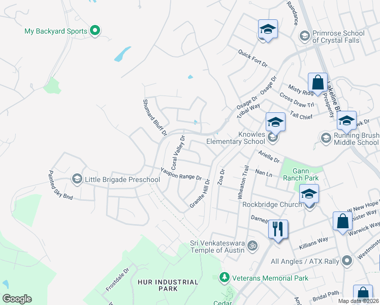 map of restaurants, bars, coffee shops, grocery stores, and more near 2240 Hilltop Climb Drive in Leander