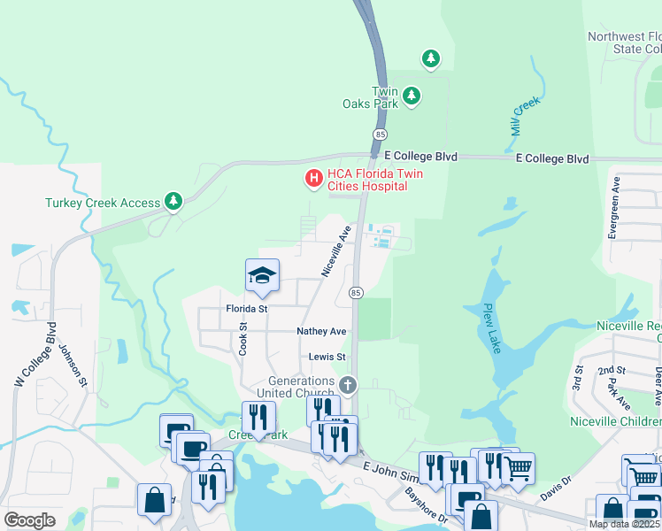 map of restaurants, bars, coffee shops, grocery stores, and more near 412 Niceville Avenue in Niceville
