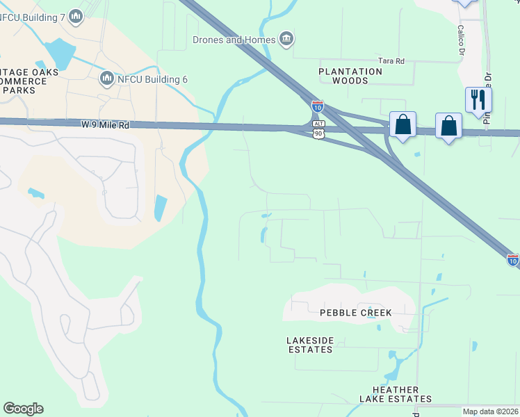 map of restaurants, bars, coffee shops, grocery stores, and more near 9 West 9 Mile Road in Pensacola