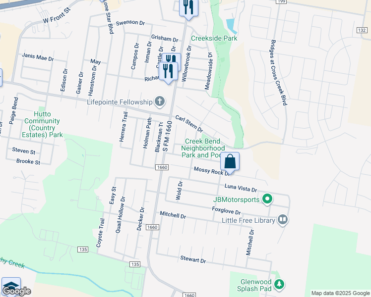 map of restaurants, bars, coffee shops, grocery stores, and more near 110 South Creekbend Drive in Hutto