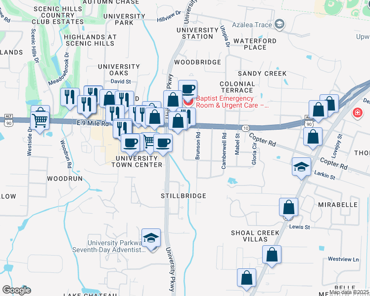 map of restaurants, bars, coffee shops, grocery stores, and more near 9375 Brunson Road in Pensacola