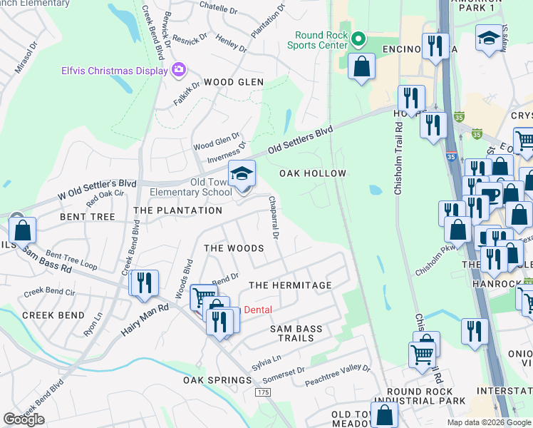map of restaurants, bars, coffee shops, grocery stores, and more near 2103 Chaparral Drive in Round Rock