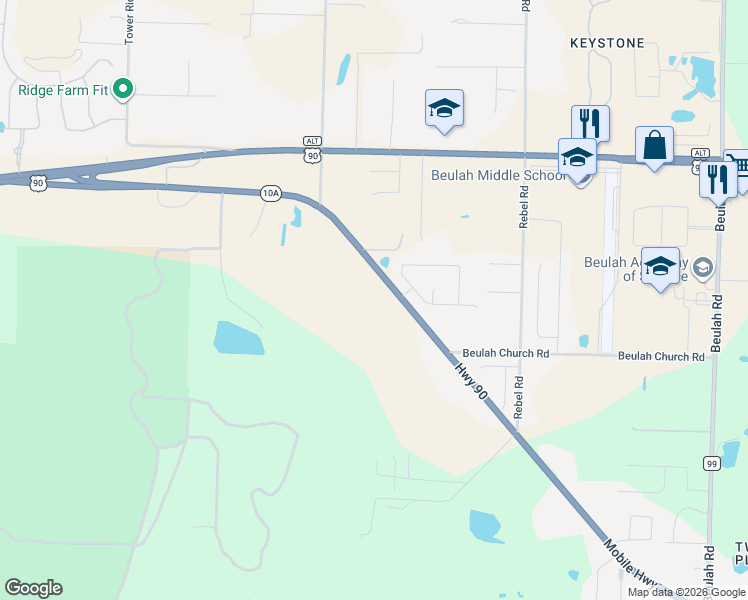 map of restaurants, bars, coffee shops, grocery stores, and more near 8271 Mobile Highway in Pensacola