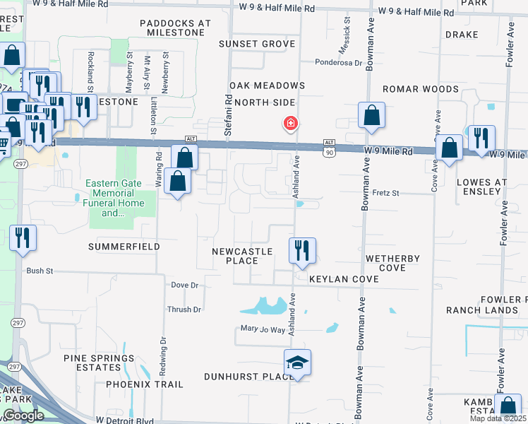 map of restaurants, bars, coffee shops, grocery stores, and more near 1471 Dunhurst Drive in Pensacola