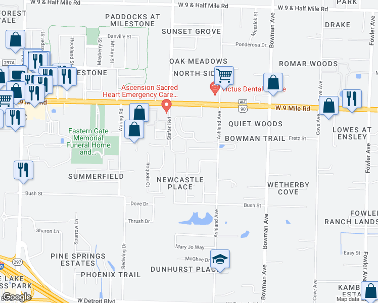 map of restaurants, bars, coffee shops, grocery stores, and more near 1491 Dunhurst Drive in Pensacola