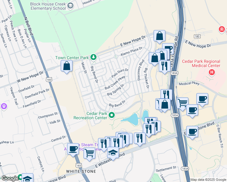 map of restaurants, bars, coffee shops, grocery stores, and more near 705 Big Spring Drive in Cedar Park