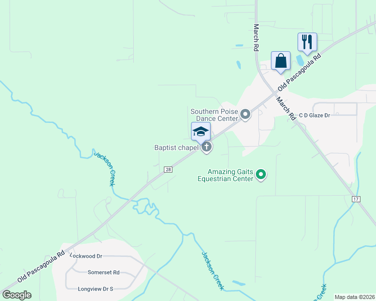 map of restaurants, bars, coffee shops, grocery stores, and more near 10472-10500 Old Pascagoula Road in Grand Bay