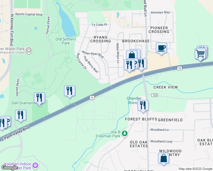 map of restaurants, bars, coffee shops, grocery stores, and more near 3305 Rod Carew Drive in Round Rock