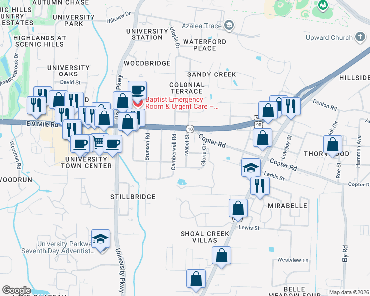 map of restaurants, bars, coffee shops, grocery stores, and more near 9260 Camberwell Road in Pensacola