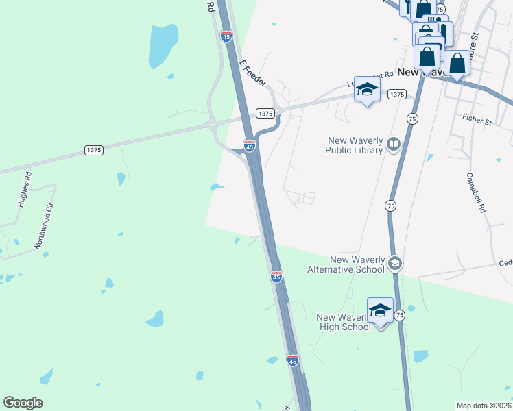 map of restaurants, bars, coffee shops, grocery stores, and more near North Freeway Service Road in New Waverly