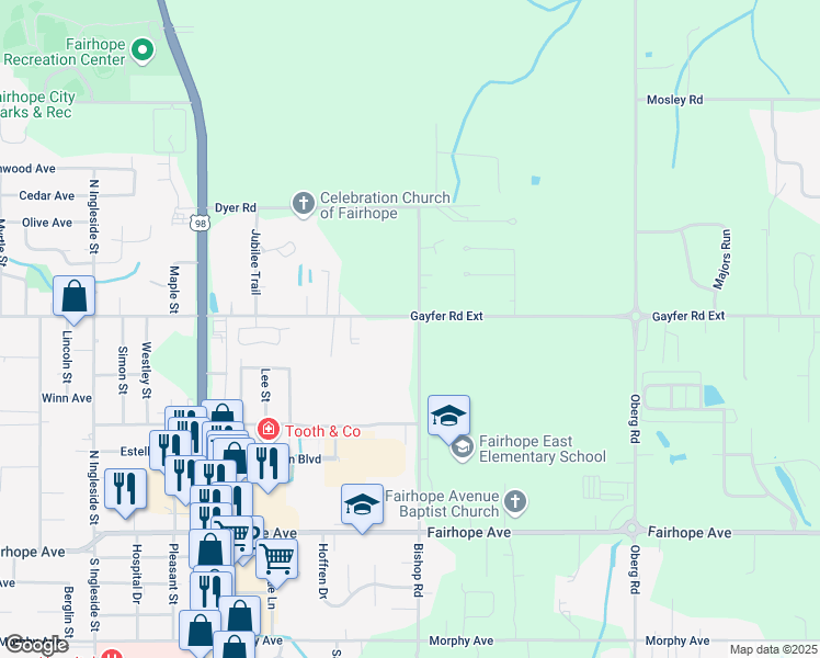 map of restaurants, bars, coffee shops, grocery stores, and more near 20971 Bishop Road in Fairhope