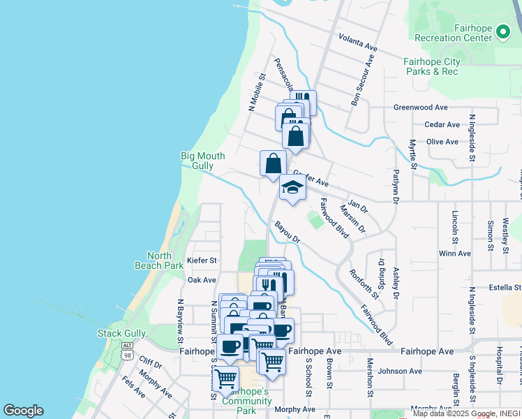 map of restaurants, bars, coffee shops, grocery stores, and more near 303 North Section Street in Fairhope