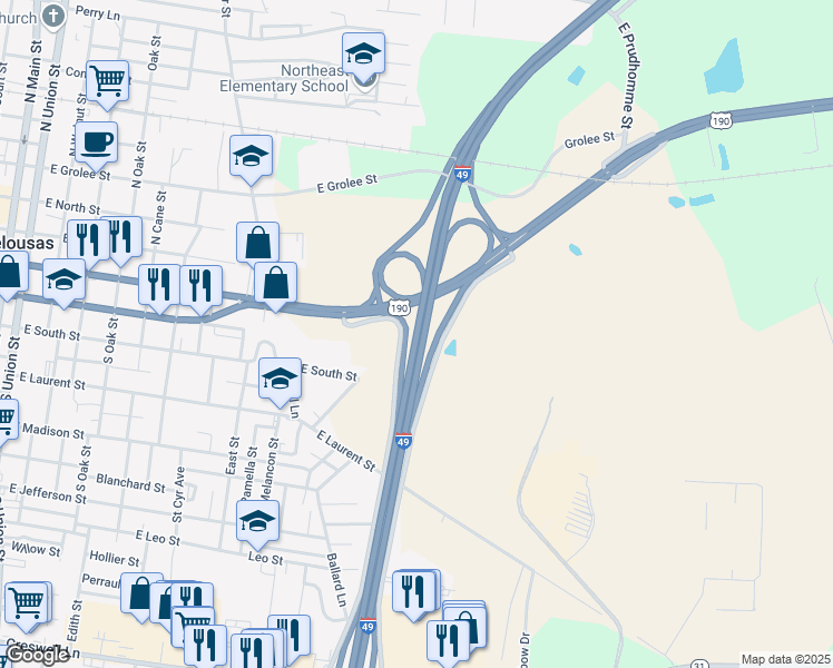 map of restaurants, bars, coffee shops, grocery stores, and more near U.S. 167 in Opelousas