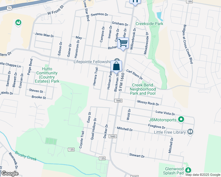 map of restaurants, bars, coffee shops, grocery stores, and more near 224 Holman Path in Hutto