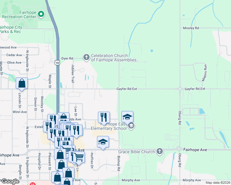 map of restaurants, bars, coffee shops, grocery stores, and more near 20969 Bishop Road in Fairhope