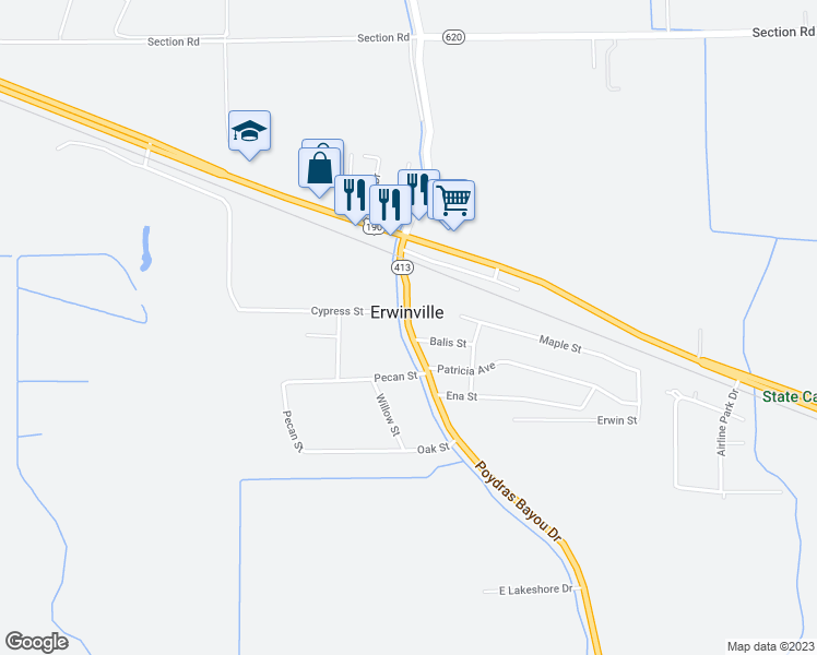 map of restaurants, bars, coffee shops, grocery stores, and more near 4446 Poydras Bayou Road in Port Allen