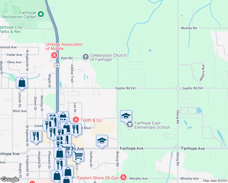 map of restaurants, bars, coffee shops, grocery stores, and more near 20969 Bishop Road in Fairhope