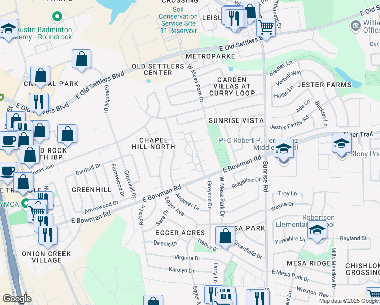 map of restaurants, bars, coffee shops, grocery stores, and more near 2100 Willowbend Drive in Round Rock
