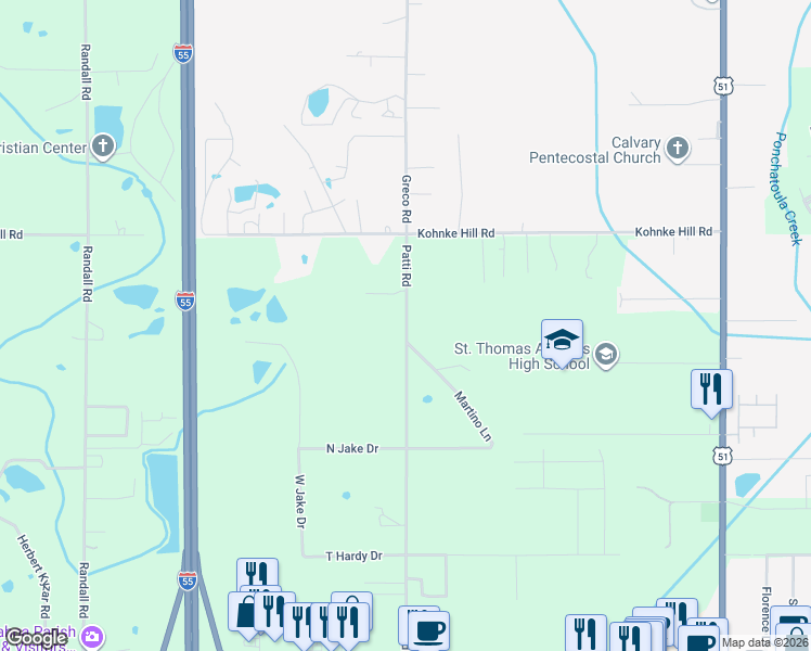 map of restaurants, bars, coffee shops, grocery stores, and more near 46448 Patti Road in Hammond