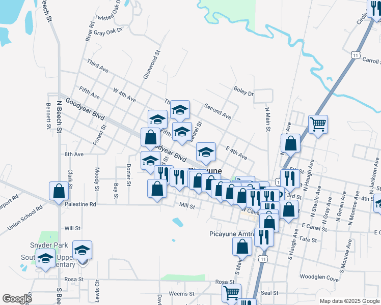 map of restaurants, bars, coffee shops, grocery stores, and more near 702 Goodyear Boulevard in Picayune