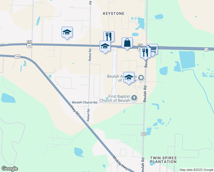 map of restaurants, bars, coffee shops, grocery stores, and more near 5950 Beulah Church Road in Pensacola
