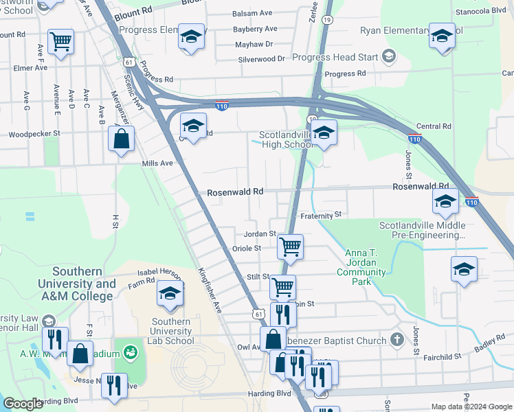 map of restaurants, bars, coffee shops, grocery stores, and more near 1130 Rosenwald Road in Baton Rouge