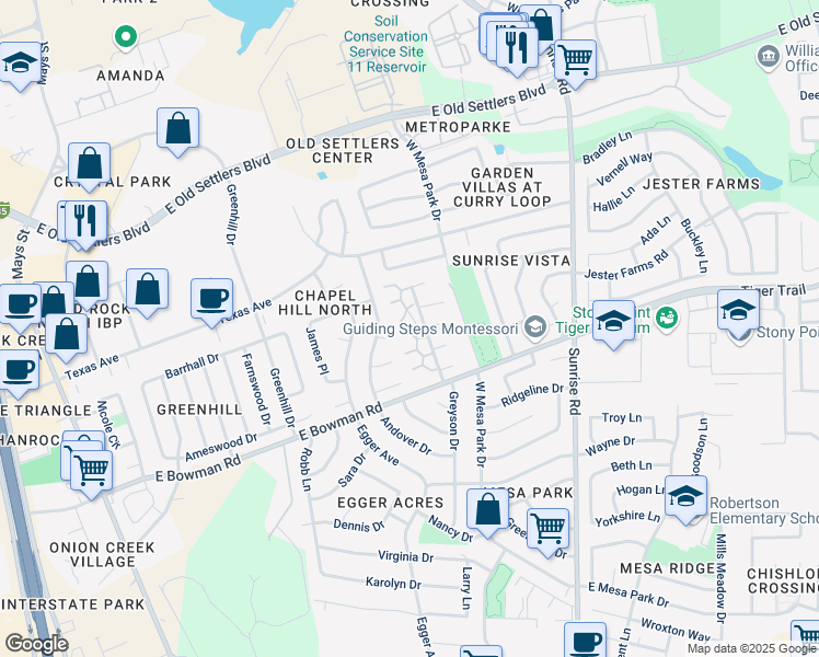 map of restaurants, bars, coffee shops, grocery stores, and more near 403 Cypress Lane in Round Rock