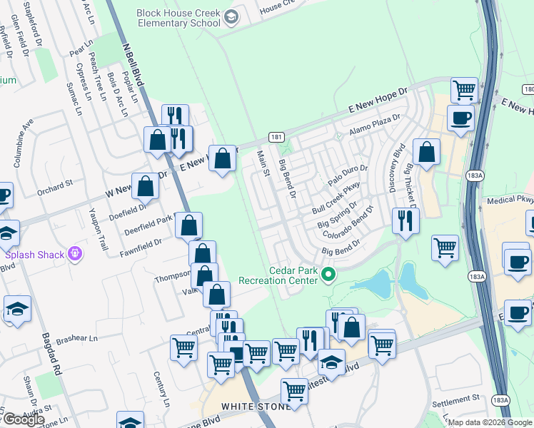 map of restaurants, bars, coffee shops, grocery stores, and more near 1715 Lost Maples Loop in Cedar Park