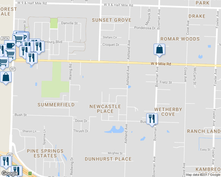 map of restaurants, bars, coffee shops, grocery stores, and more near 1492 Dunhurst Drive in Pensacola