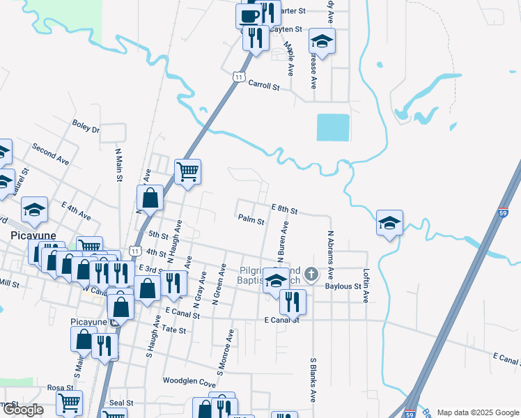 map of restaurants, bars, coffee shops, grocery stores, and more near 716 Cypress Lane in Picayune