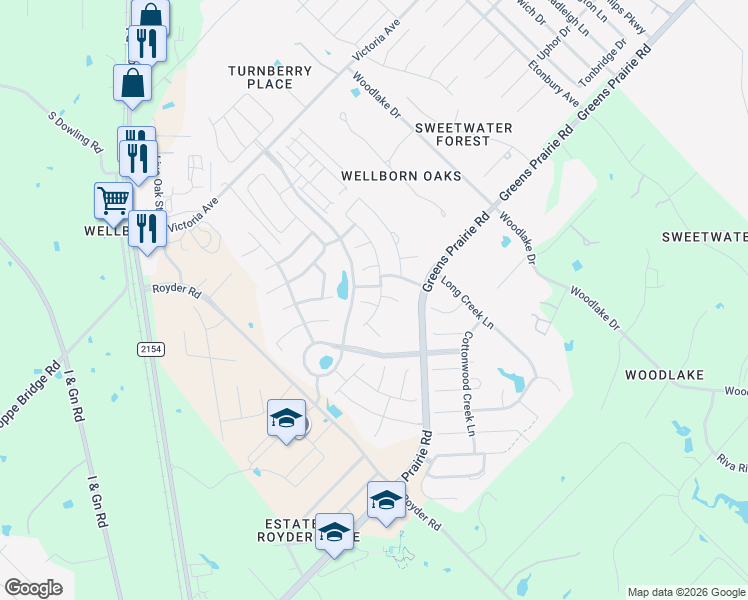 map of restaurants, bars, coffee shops, grocery stores, and more near 15504 Baker Meadow Loop in College Station
