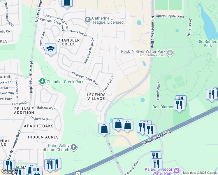 map of restaurants, bars, coffee shops, grocery stores, and more near 1124 Hyde Park Drive in Round Rock