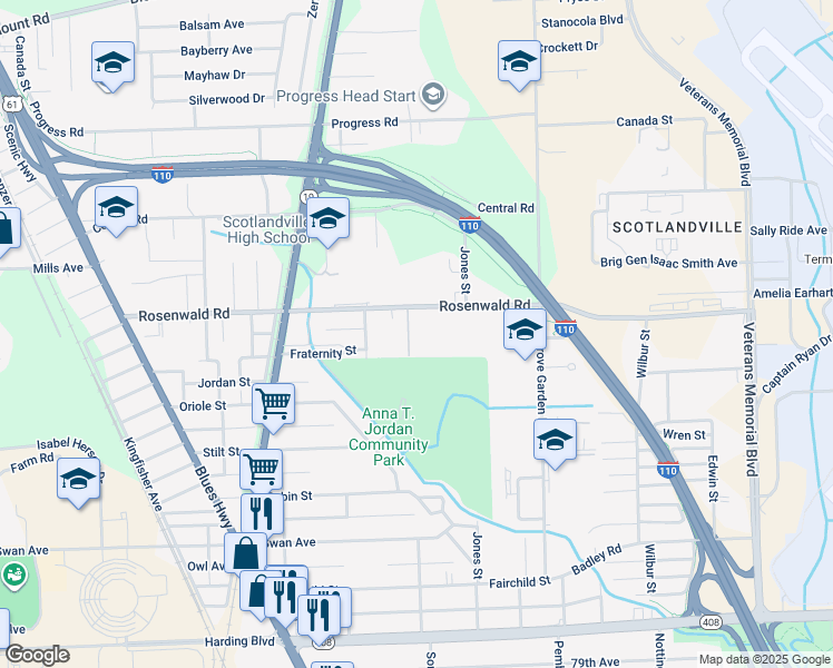 map of restaurants, bars, coffee shops, grocery stores, and more near 1800 Rosenwald Road in Baton Rouge