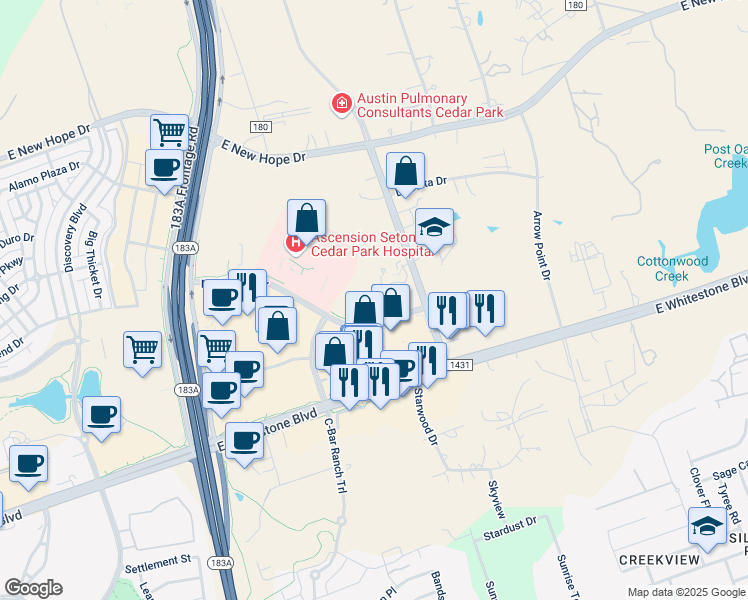 map of restaurants, bars, coffee shops, grocery stores, and more near 1503 Medical Parkway in Cedar Park