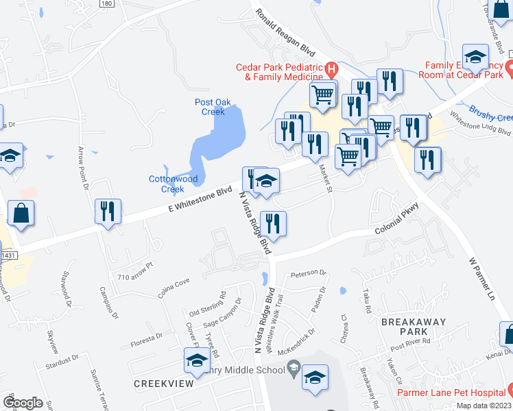 map of restaurants, bars, coffee shops, grocery stores, and more near 920 North Vista Ridge Boulevard in Cedar Park