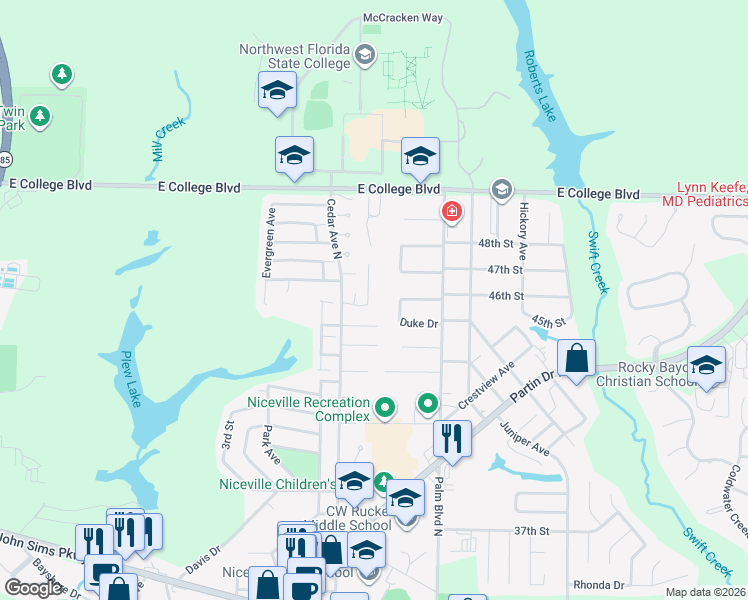map of restaurants, bars, coffee shops, grocery stores, and more near 111 Poplar Place in Niceville