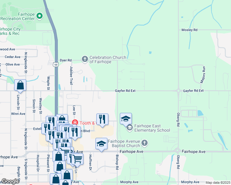 map of restaurants, bars, coffee shops, grocery stores, and more near 20971 Bishop Road in Fairhope