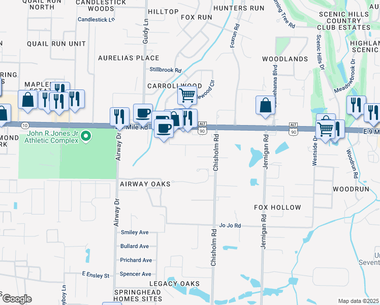 map of restaurants, bars, coffee shops, grocery stores, and more near 9345 Chisholm Road in Pensacola