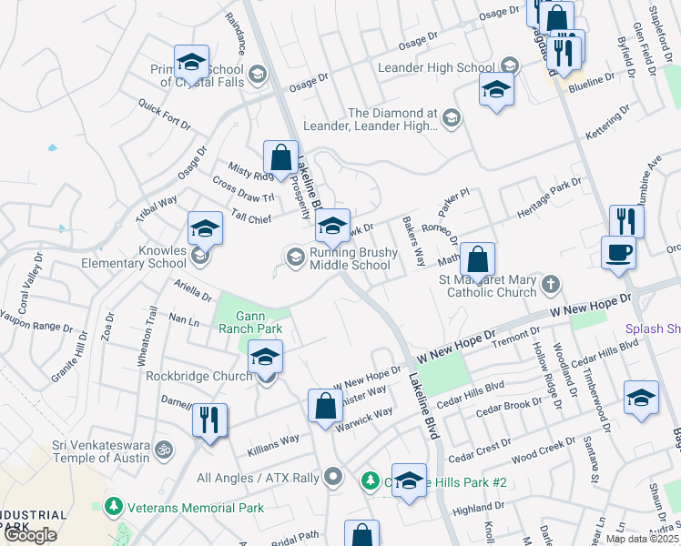 map of restaurants, bars, coffee shops, grocery stores, and more near 1900 Cougar Country Drive in Cedar Park