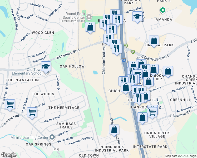 map of restaurants, bars, coffee shops, grocery stores, and more near 2050 Chisholm Trail Road in Round Rock
