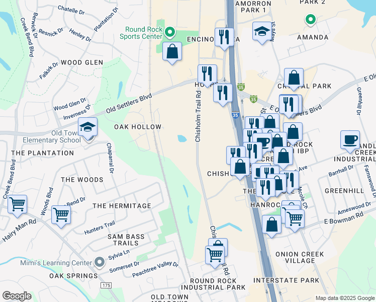map of restaurants, bars, coffee shops, grocery stores, and more near 2050 Chisholm Trail Road in Round Rock